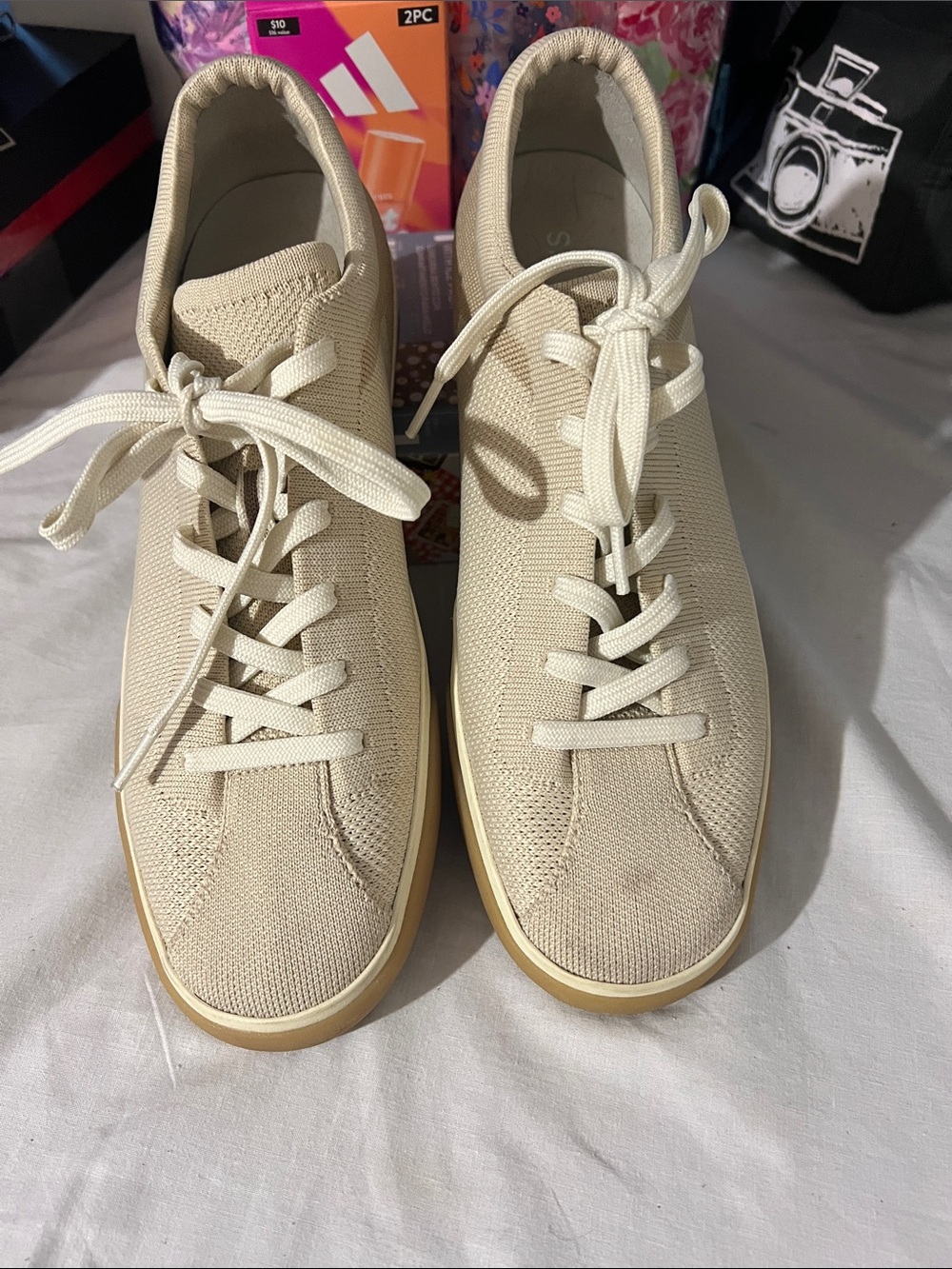 Rothy's Beige Knit Lace-Up Sneakers with Blue Accent